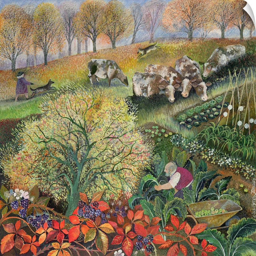 Contemporary painting of a farmer gardening in the countryside.