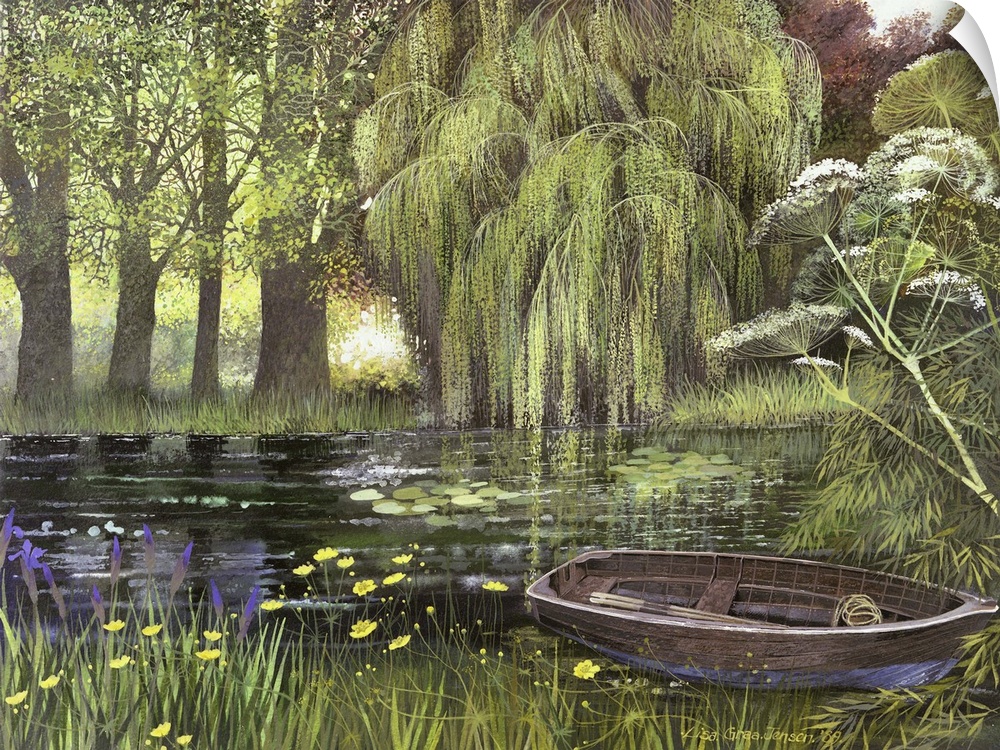 Contemporary painting of a row boat on the edge of a countryside pond.