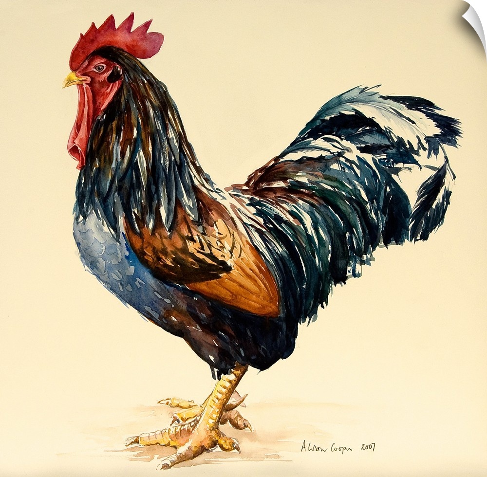Contemporary painting of a large rooster with dark feathers.