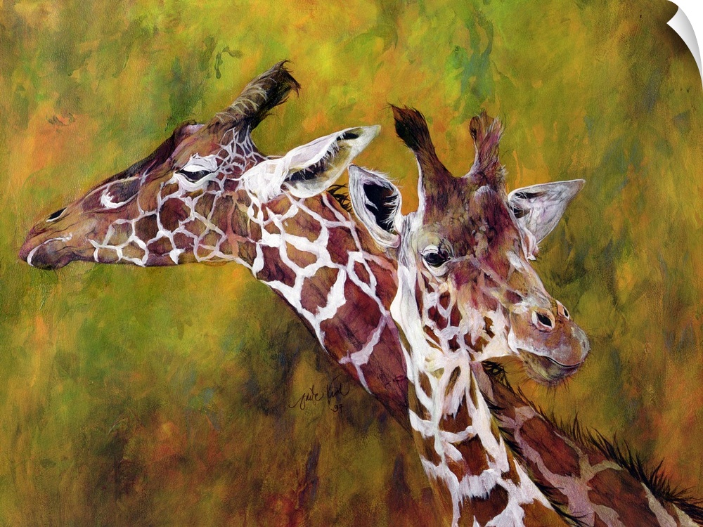 Oversized, landscape artwork of two giraffes from the neck up, next to each other on a splotchy background of bright colors.