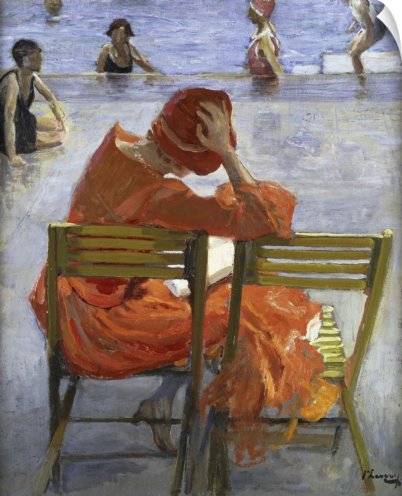 Girl in a Red Dress, Seated by a Swimming Pool Sir John Lavery (1856-1941) (Originally oil on board), 1936. Probably a por...