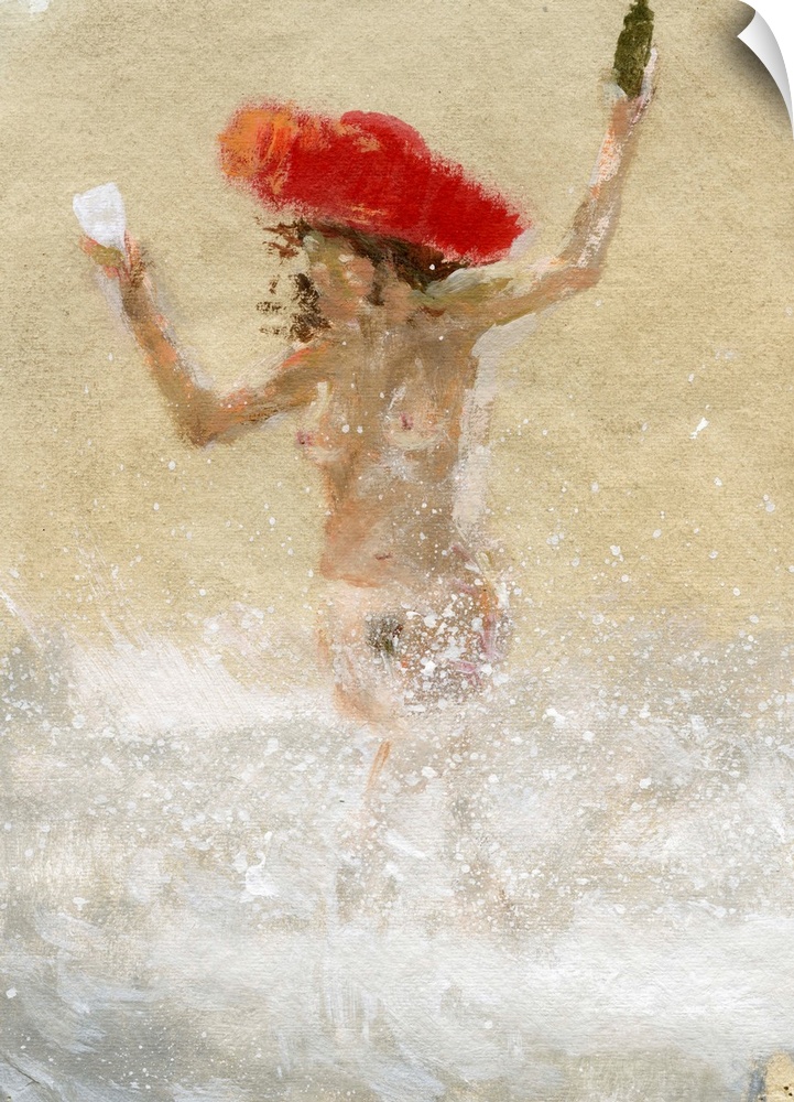 Contemporary painting of a nude woman wearing a large red hat.