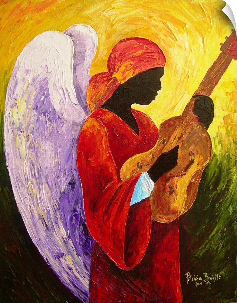 Contemporary religious painting of an angel playing music.