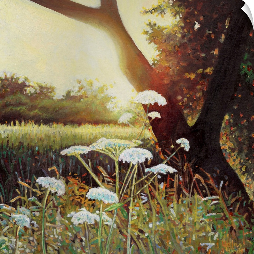 Contemporary painting of wildflowers in a forest clearing at sunset.