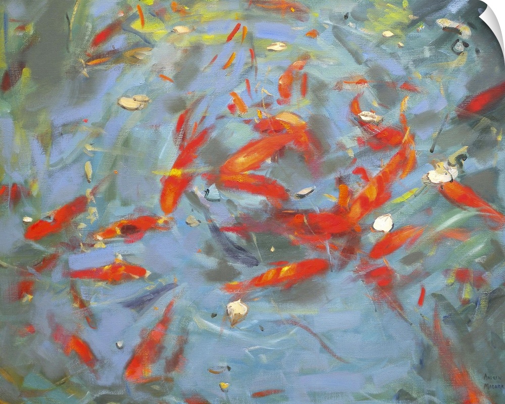 Contemporary painting of a goldfish collectively swimming in a small pool.