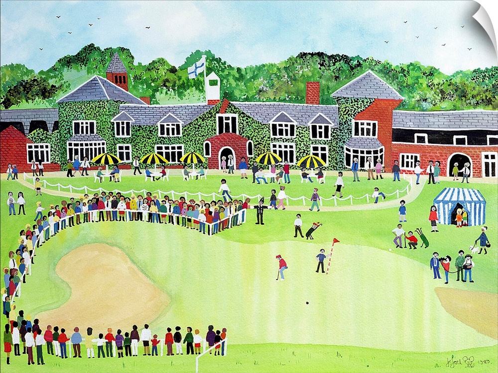 Contemporary painting of people watching a golf game.