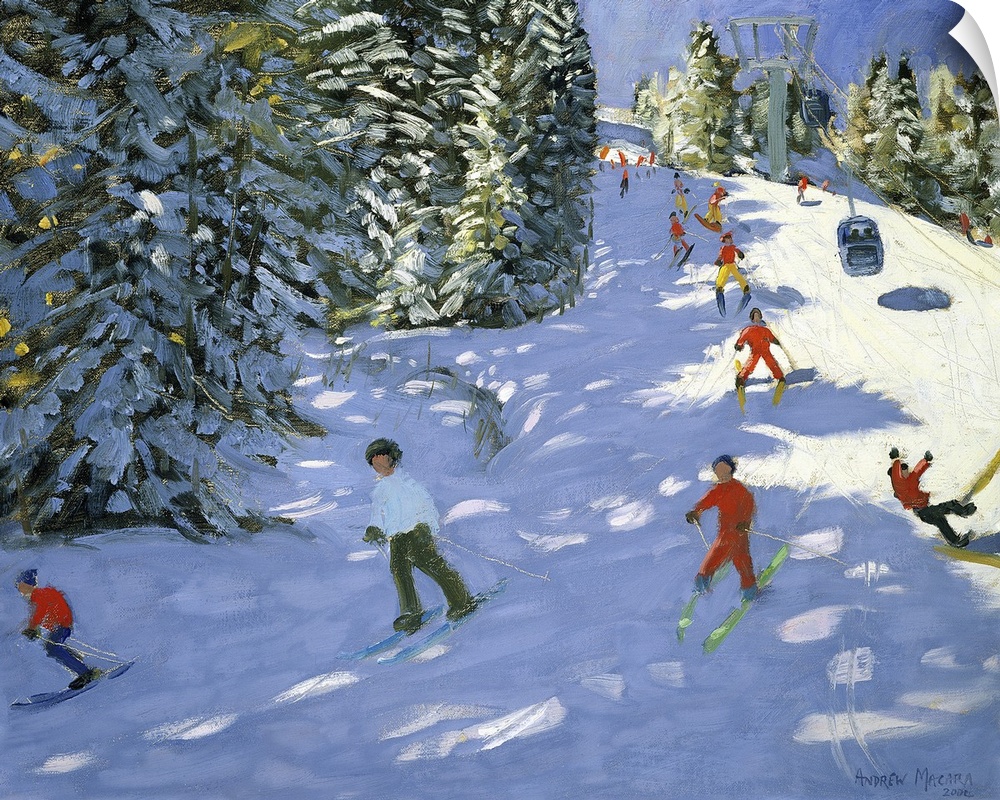 Painting of skiers on mountain slope surrounded my snow covered pine trees.