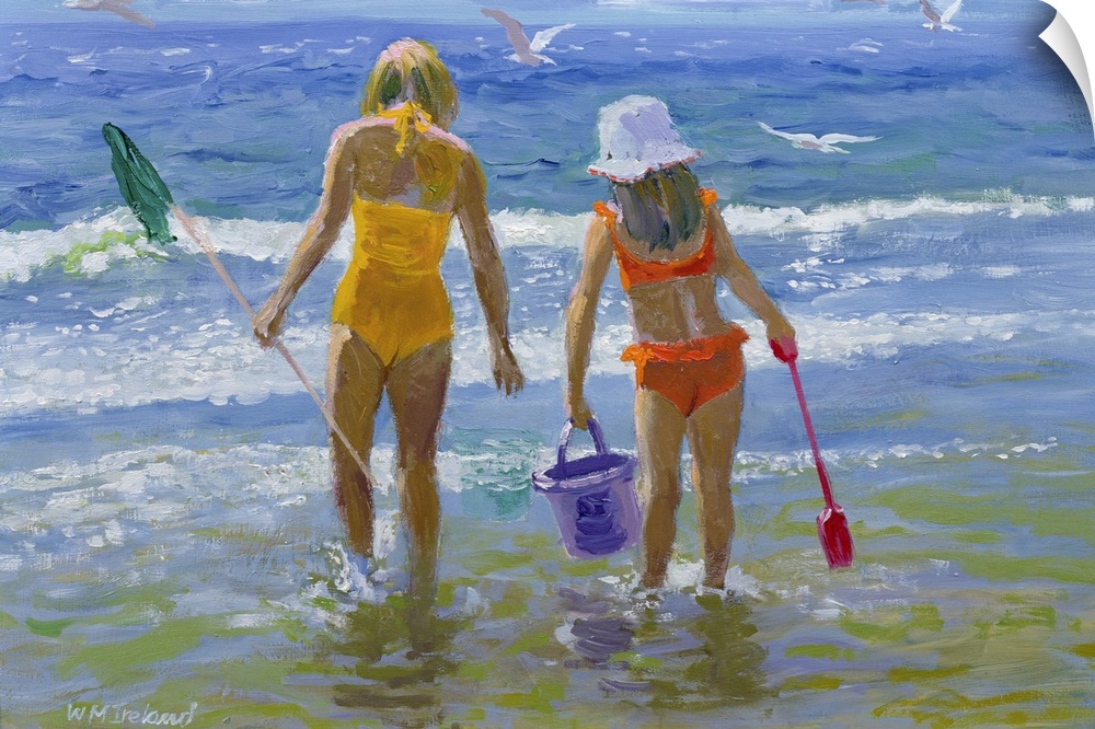 Oil painting of two young girls from behind, standing in the ocean holding a fishing net, bucket, and shovel.