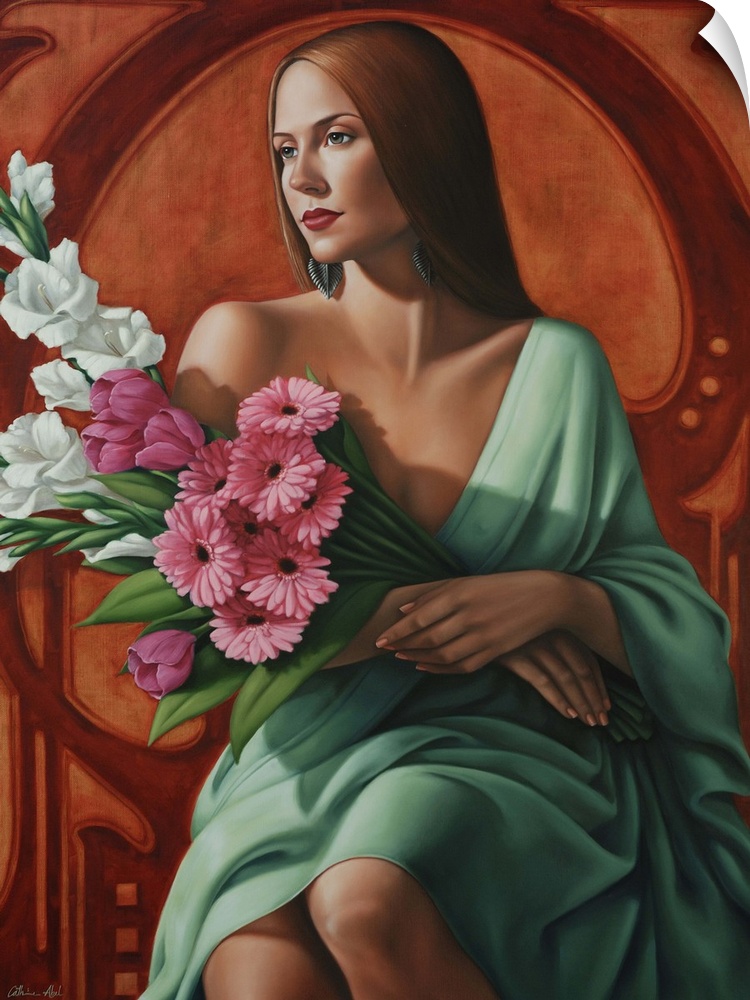 Contemporary art deco-style painting of a woman holding a bouquet of flowers.