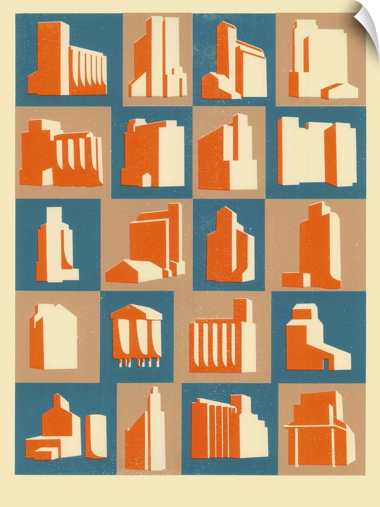 Contemporary painting of square tiles with grain silos in them in blue orange and beige.