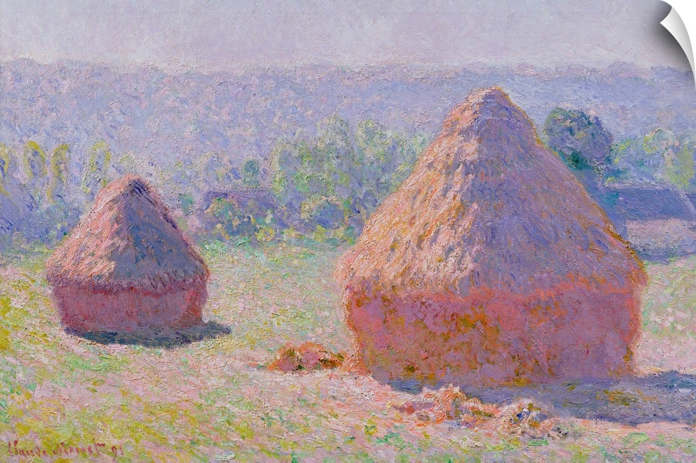 A classic piece of artwork that shows two large grain stacks in an open field.