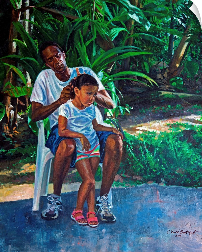 Contemporary painting of an older man braiding his granddaughter's hair.