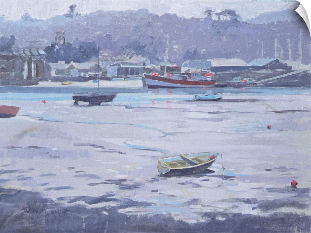 Contemporary painting of a muggy looking harbor scene.