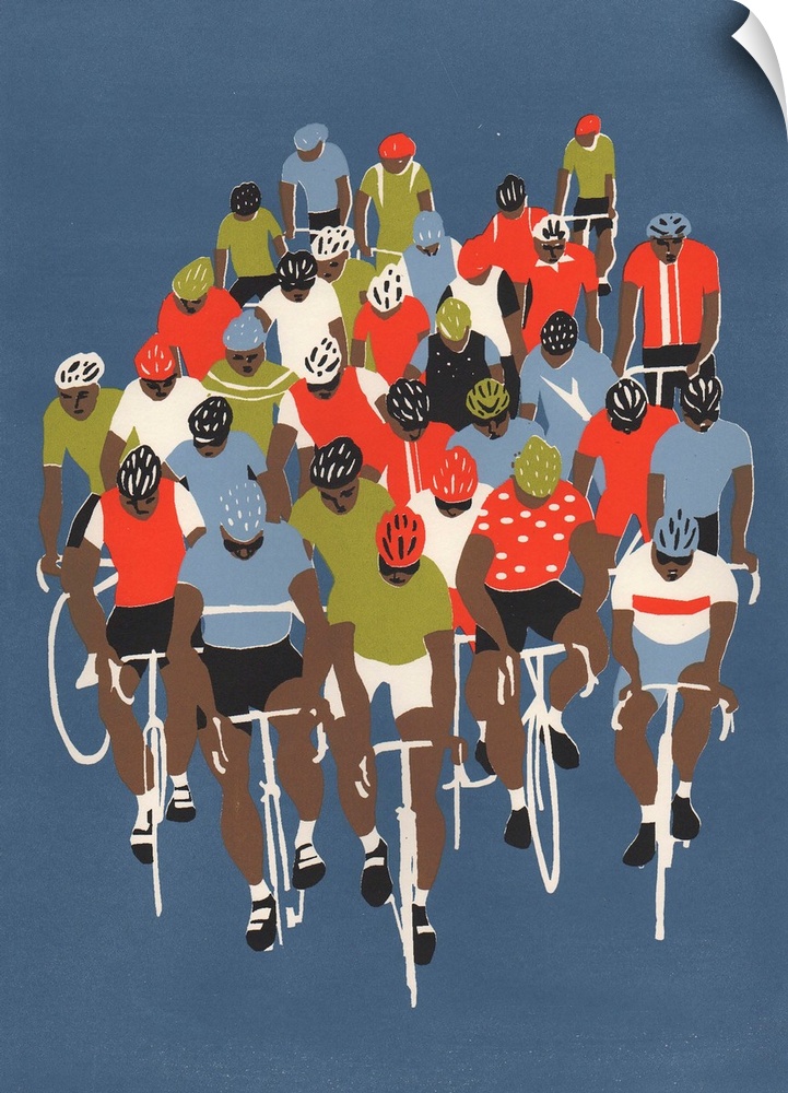 Contemporary artwork of a group of cyclists against a blue background.