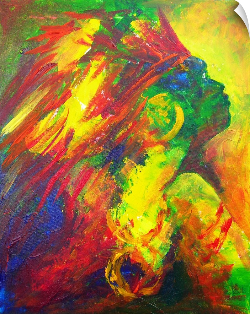 Contemporary painting of a Taino chief in bright colors.