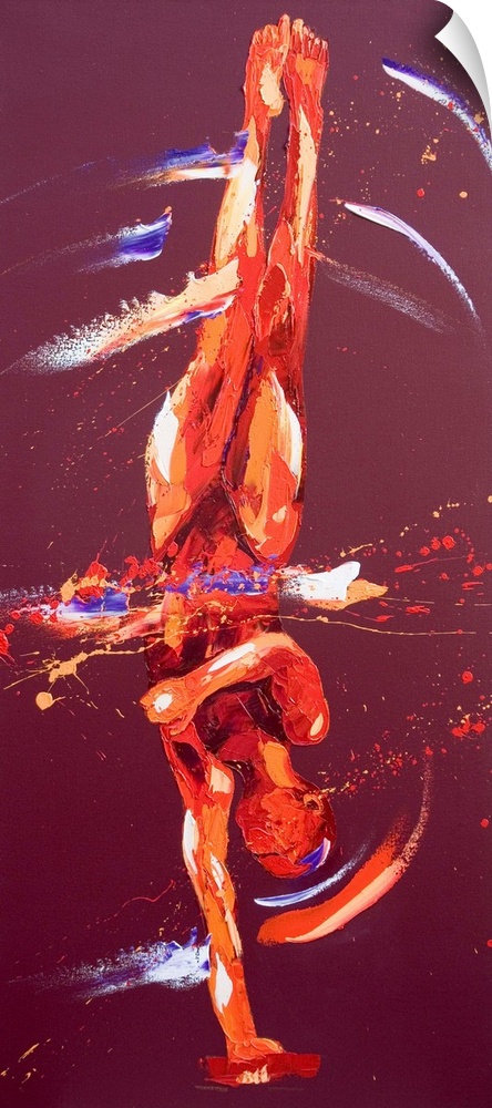 Contemporary painting of a gymnast leaping in the air.