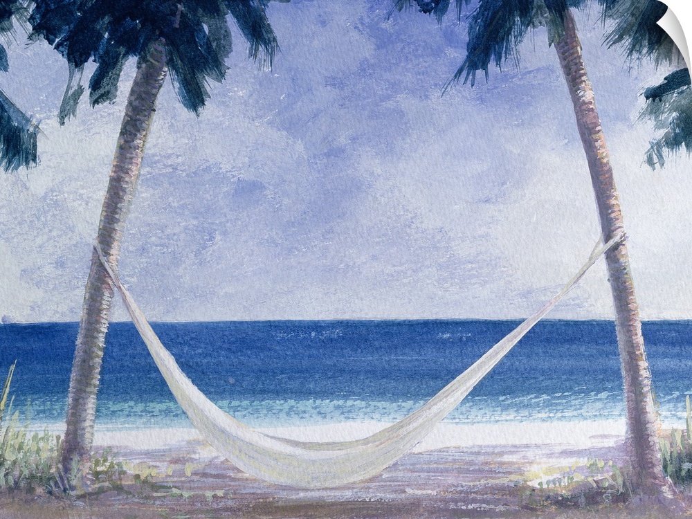 Watercolor painting of fabric draped between two palm trees with ocean in the distance.