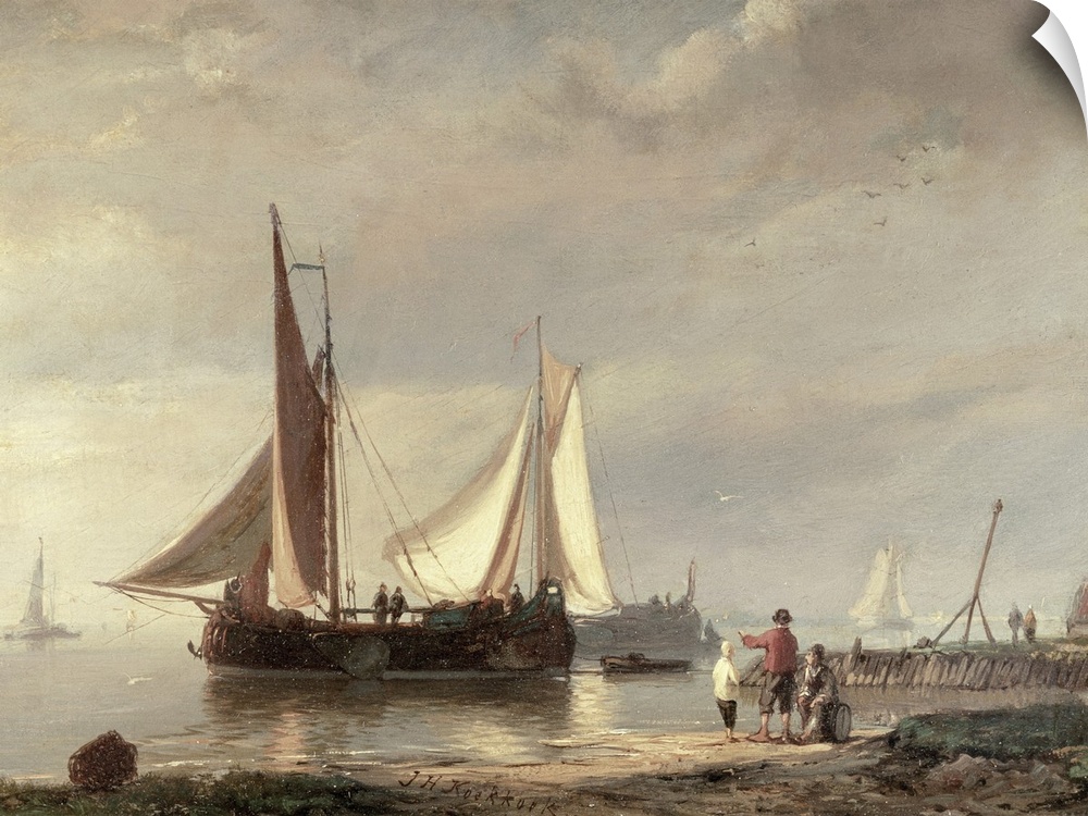 An oil painting that depicts sail boats in a harbor with few people looking on from the beach.