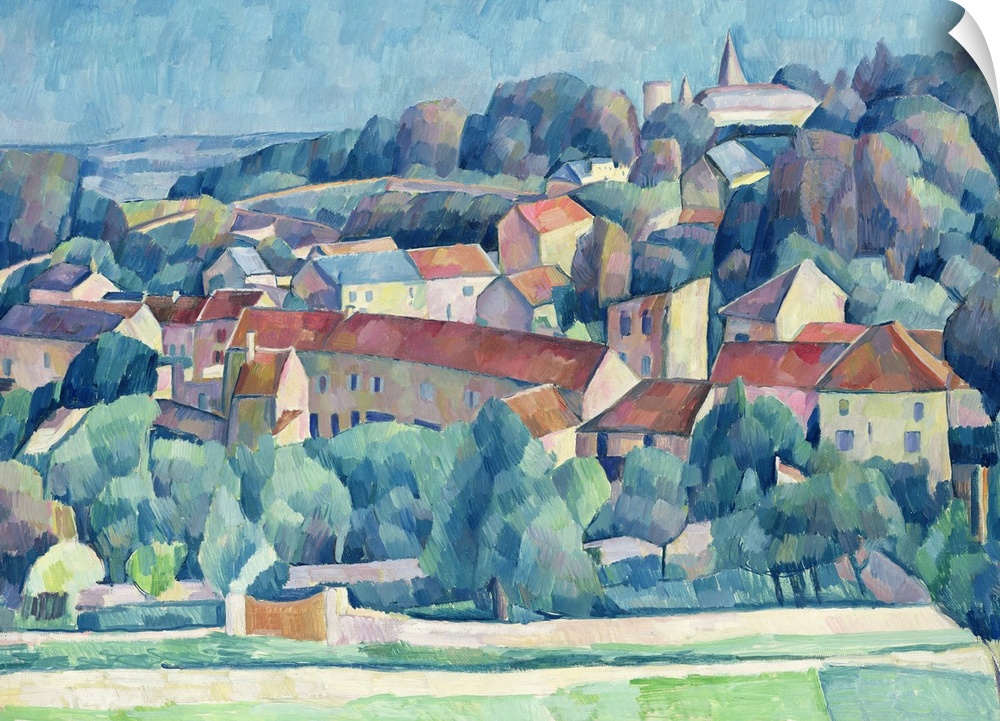 Abstractly painted canvas of a town in the countryside on a hill.