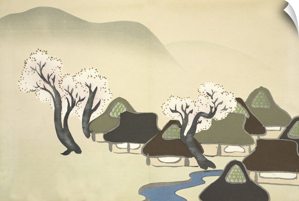 Kamisaka Sekka (1866 - 1942)  Rice Puddies and Houses in Spring