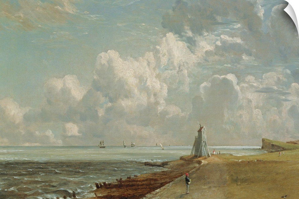 A 19th century oil painting with a calming color palette of a beach in Essex, England. Enormous clouds cover the sea where...