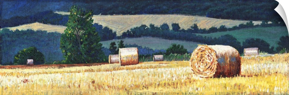 Contemporary painting of a countryside scene with hay bails in a farmed field.