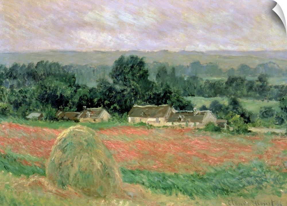 Oil painting of hay bundle in meadow with houses and forest in the distance.