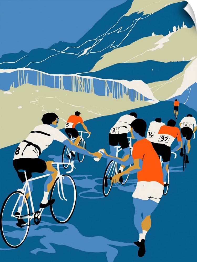 Contemporary illustration of cyclists being given drink while en route during competition.