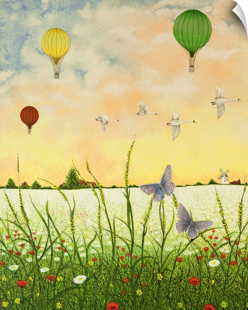 Contemporary painting of butterflies in a field with hot air balloons in the air.