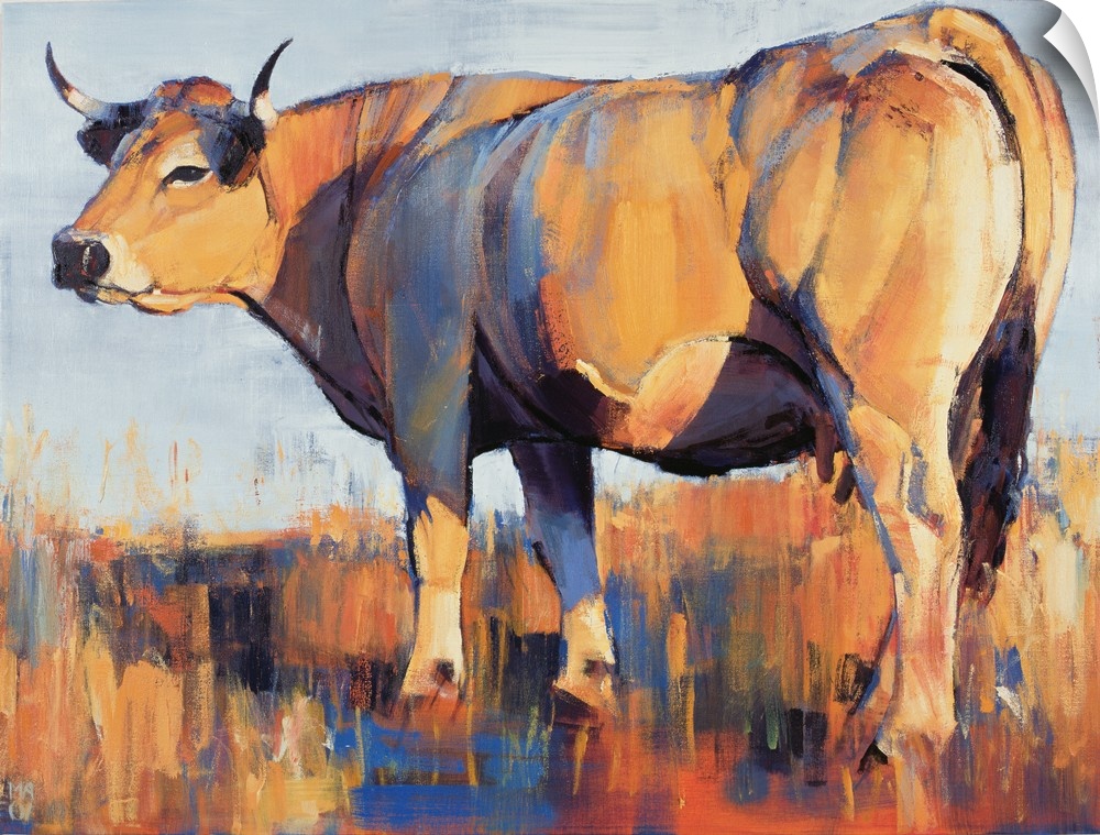Contemporary painting of a large cow in a field in harsh sunlight.