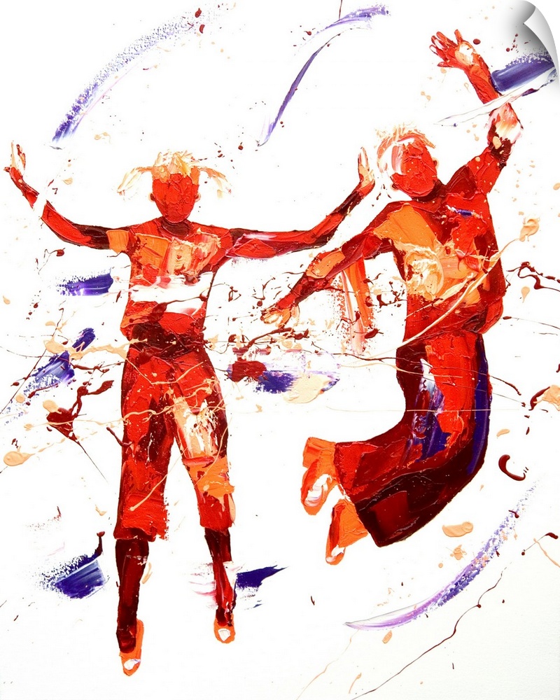 Contemporary painting of figures leaping into the air and dancing.