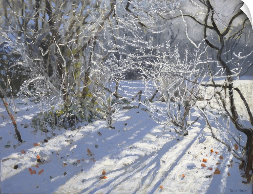 Contemporary painting of a countryside scene covered in the snow of winter.