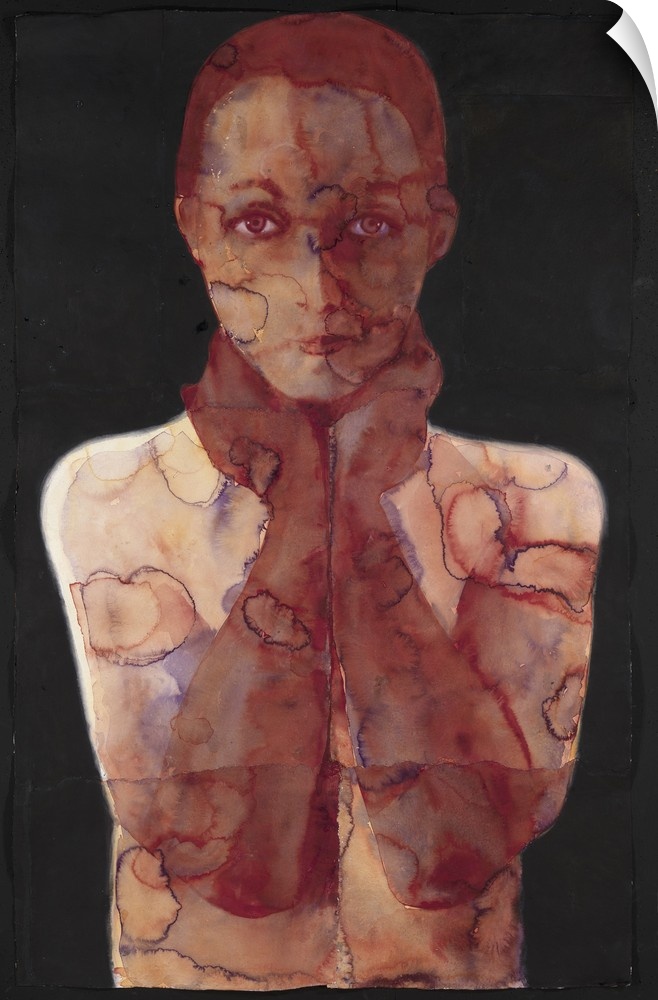 Contemporary watercolor painting of a female figure in reddish warm tones against a black background.