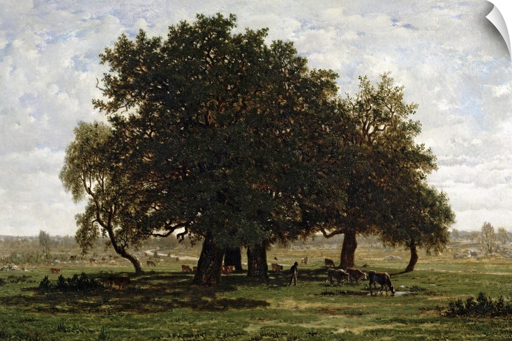 A large oil painting of oak trees with a farmer and animals drinking from a small pool of water beneath the trees.