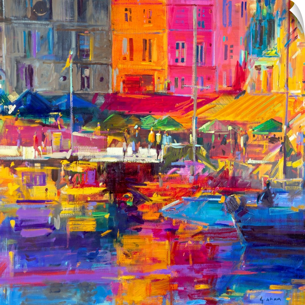 A landscape painting of a harbor painted with impressionistic brushstrokes and vivid unnatural hues.