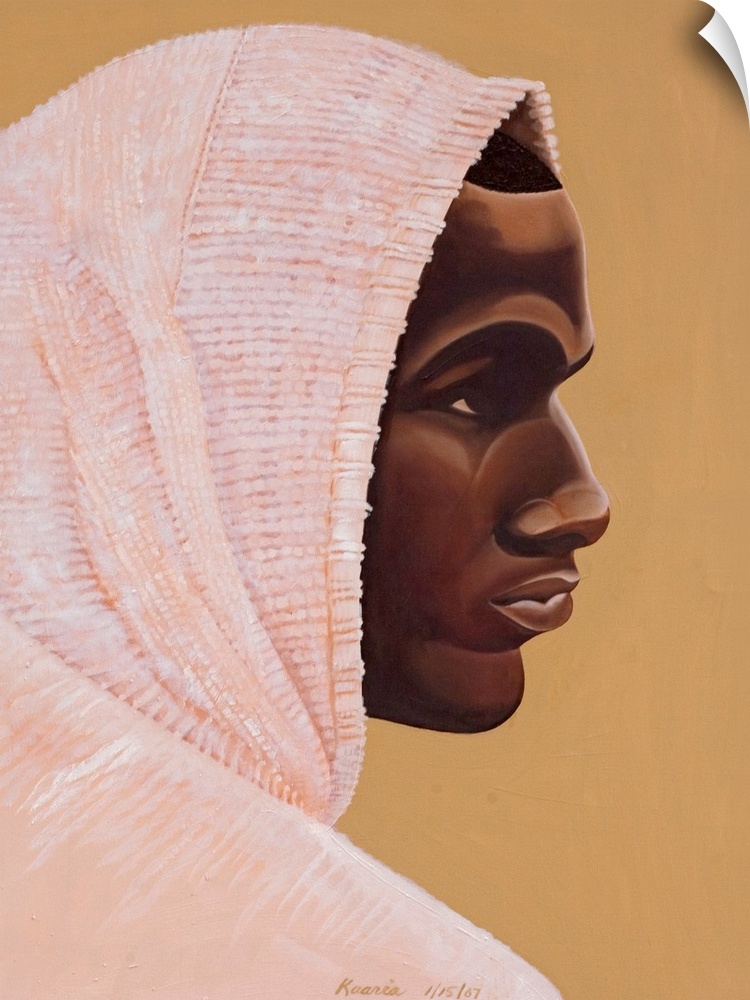 Large painting on canvas of the profile of a man wearing a hooded outfit.