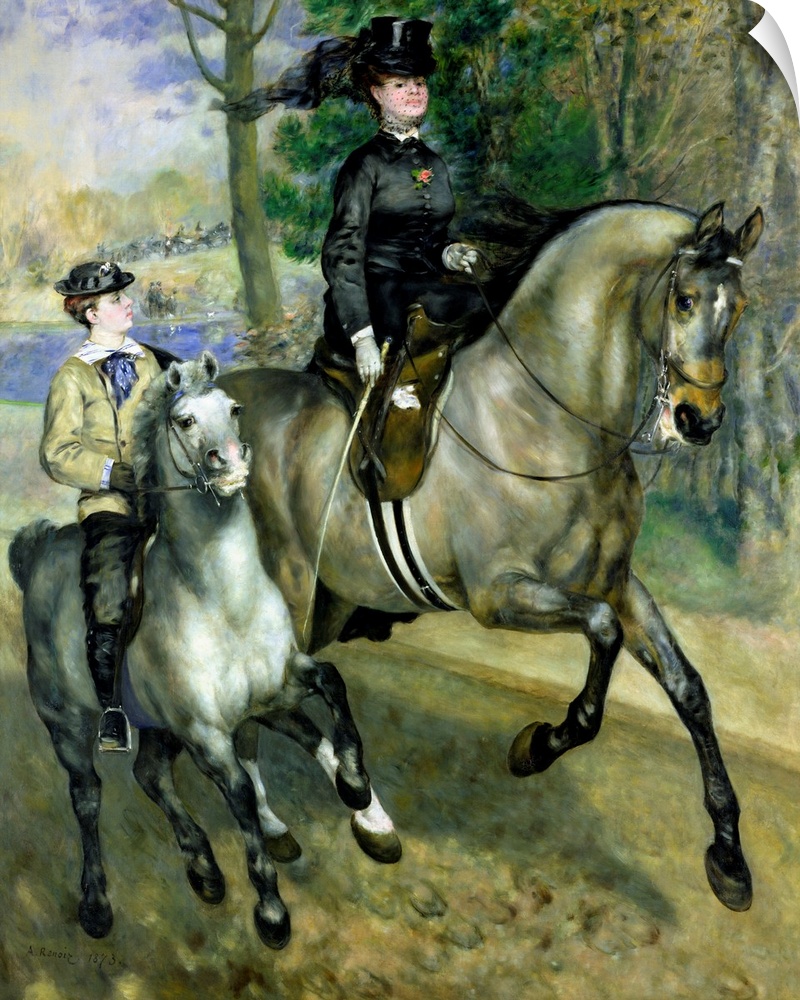 Huge classic art depicts a finely dressed woman and boy riding a couple of horses down a path next to a group of trees.  I...