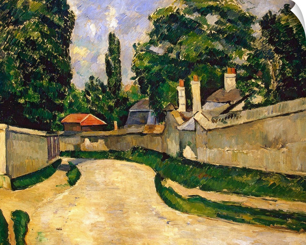 Landscape, classic art painting on a large canvas of a winding road with stone walls on either side, houses and large tree...