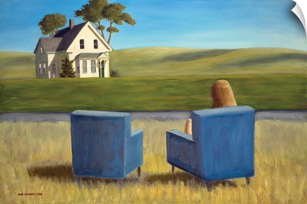 Contemporary painting of two blue armchairs in a field, with a woman seated in one of them.