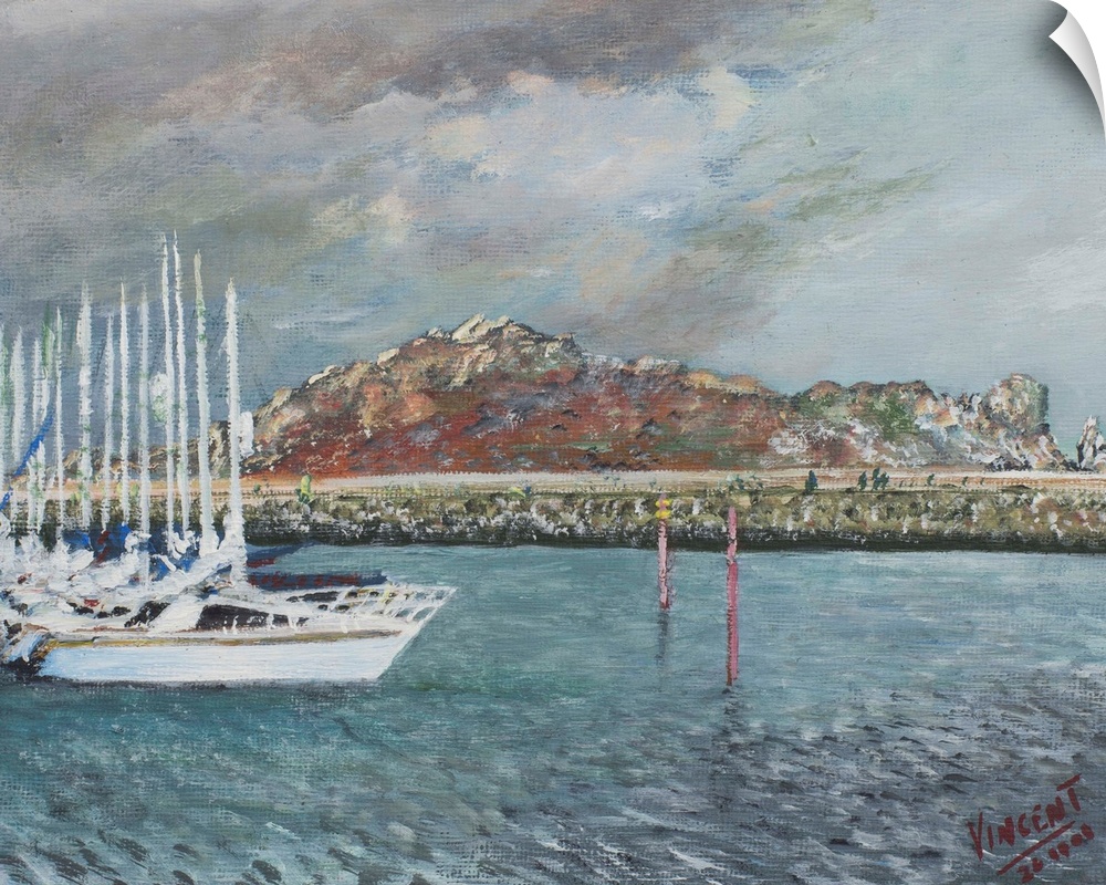 Contemporary painting of sailboats lined up in a harbor.