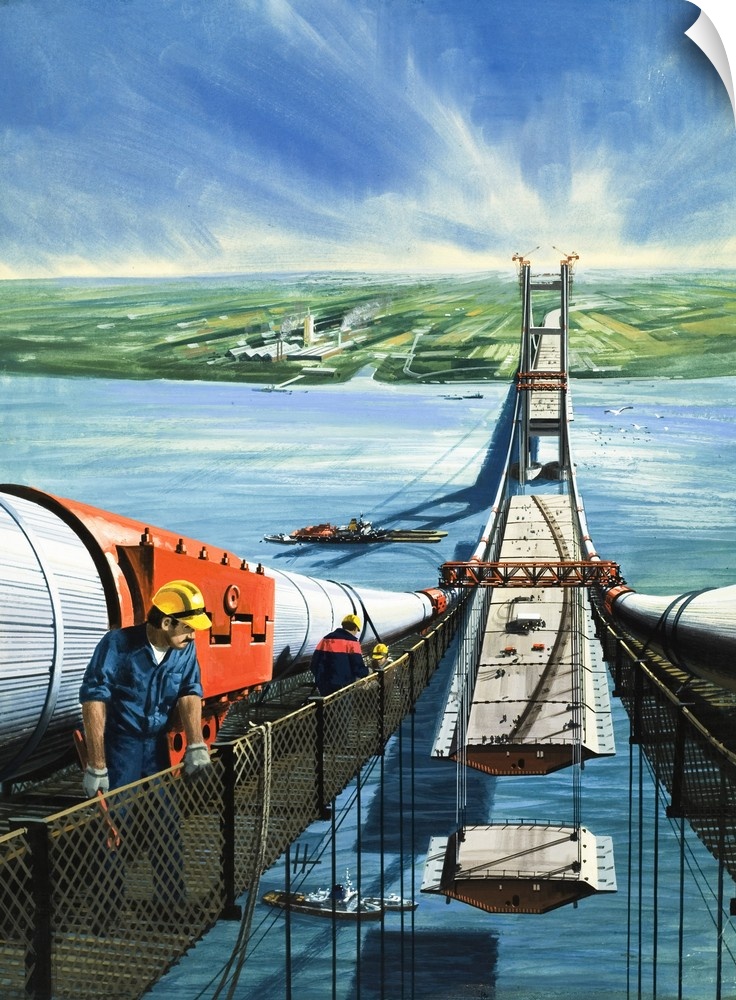 Humber Estuary Bridge Under Construction. Original artwork for cover of "Look and Learn," issue 994, 28 March 1981.