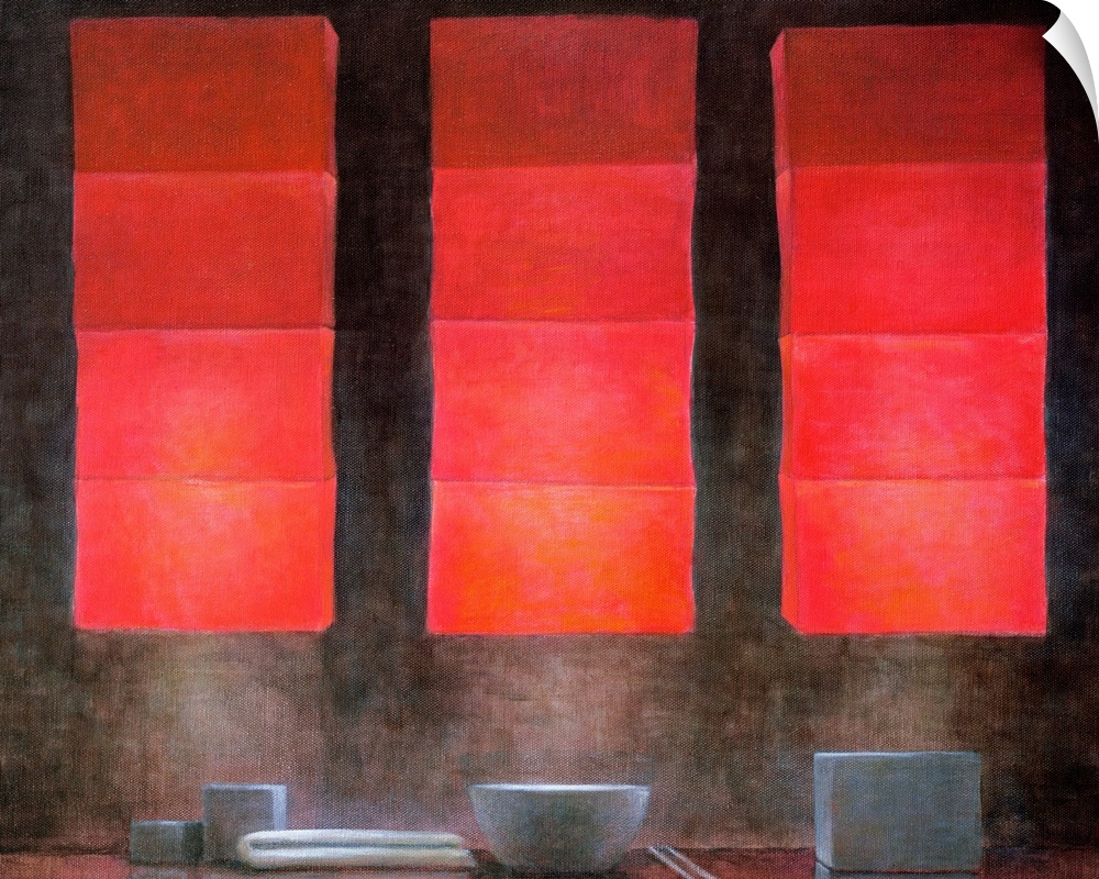 Oil painting of table with bowl, napkin, and chopsticks with three Chinese lanterns hanging above it.