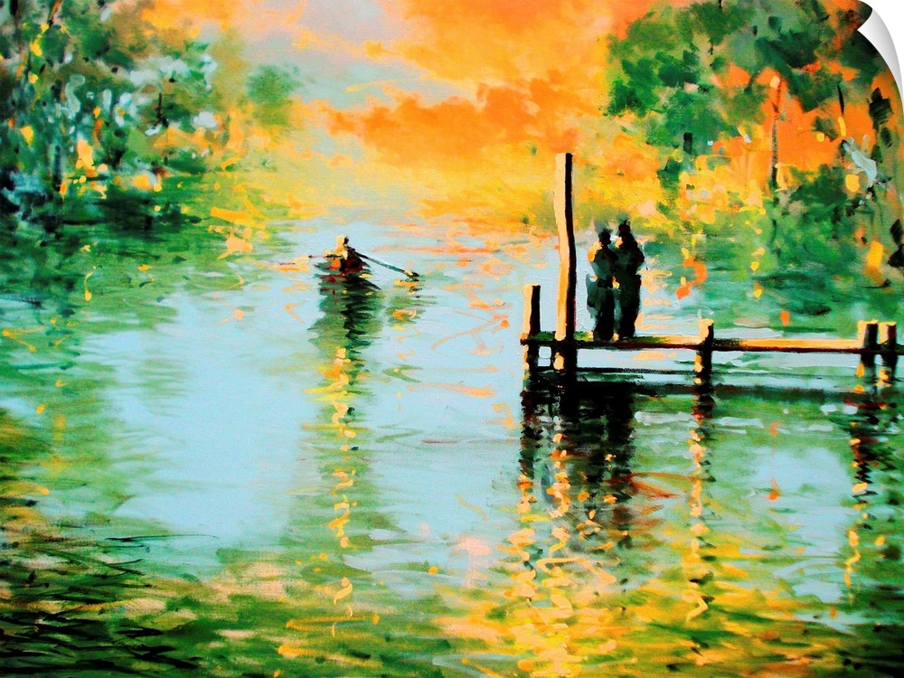 Contemporary painting of a silhouetted figures on a dock watching a boat row away down the river.