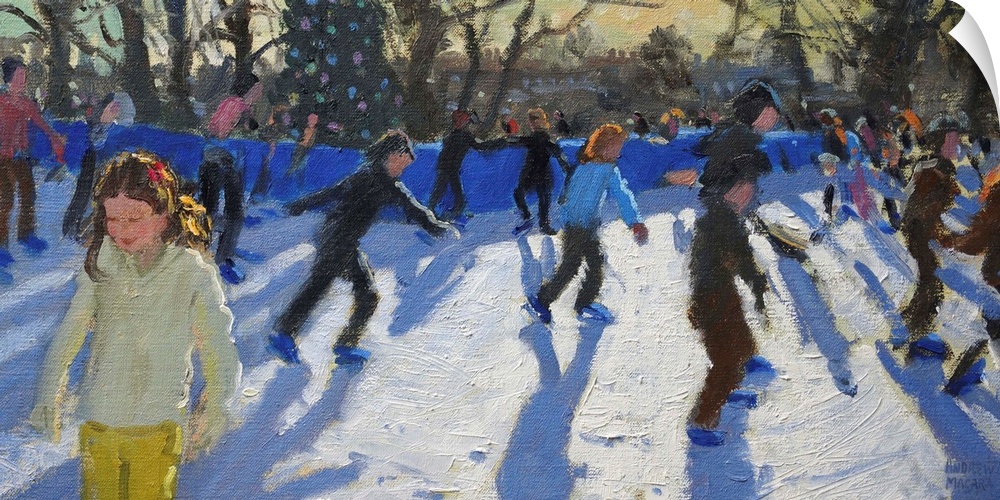 Contemporary painting of children ice skating in the winter.
