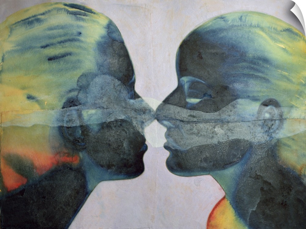 Contemporary watercolor painting of two people face to face.