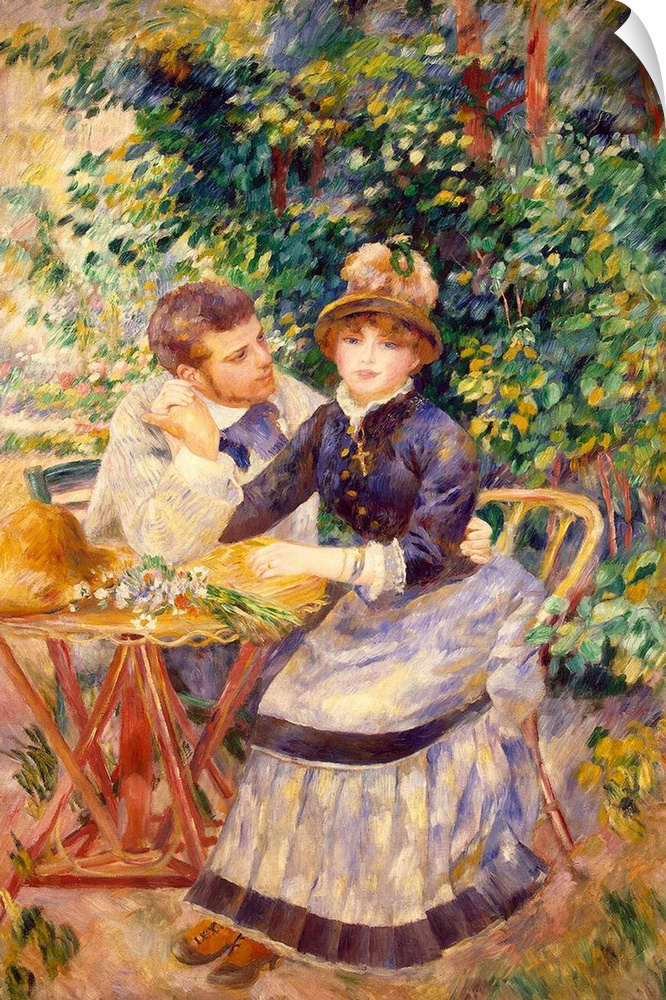 A classic piece of artwork with two people sitting in a garden at a small table as the woman looks on and the man next to ...