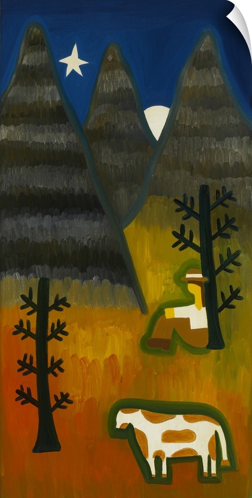 Contemporary painting of a man sitting in the forest with a cow at night.