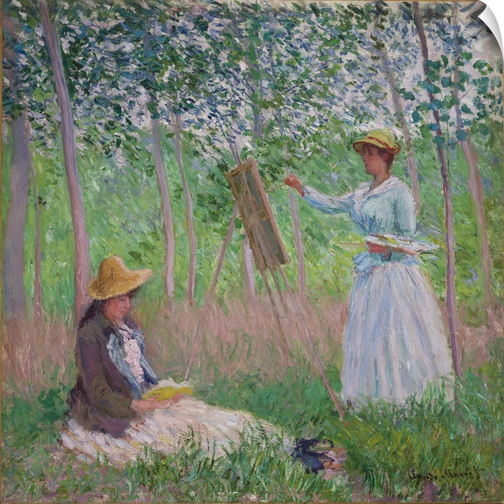 In the Woods at Giverny: Blanche Hoschede at her easel with Suzanne Hoschede reading, 1887, oil on canvas.  By Claude Mone...