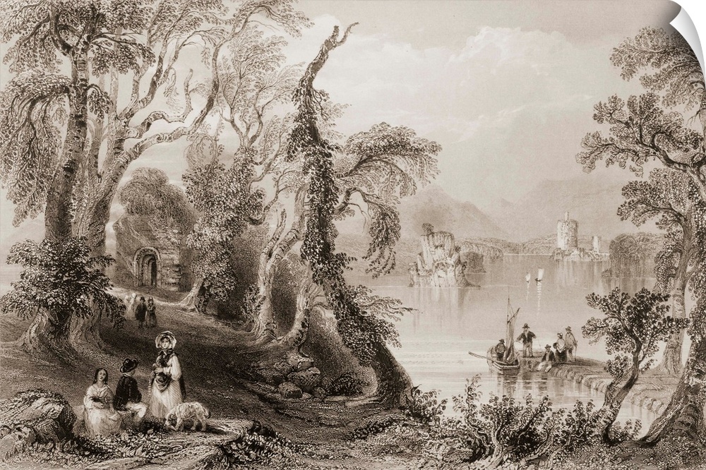 Innisfallen, Killarney Lake, County Killarney, from 'Scenery and Antiquities of Ireland' by George Virtue, 1860s