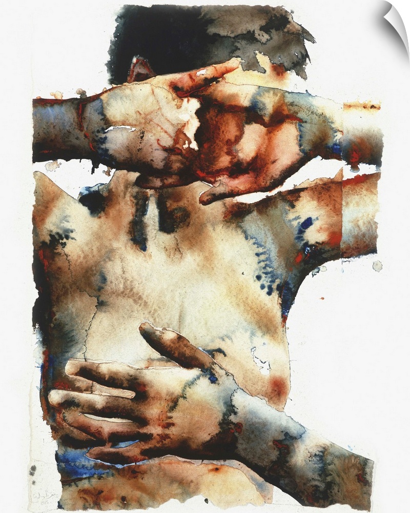 Contemporary watercolor painting of a nude female figure with her hands over face and a hand from someone else covering he...